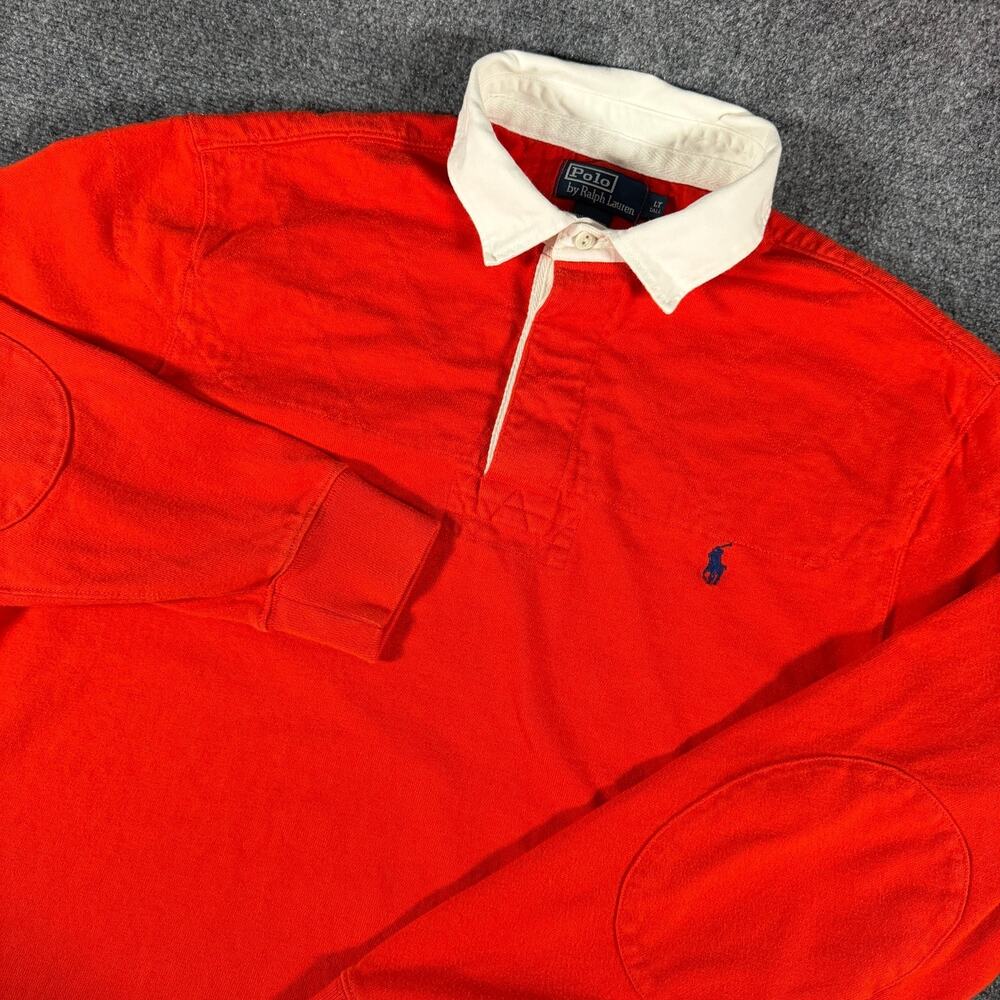 Polo Ralph Lauren Rugby Shirt Mens LT Tall Orange Elbow Patch White Collar Pony